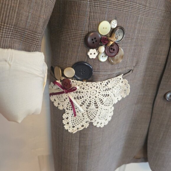 Vintage Boho Blazer Jacket Embellished 80's plaid Cottagecore Fits Womens S/M - Picture 5 of 11